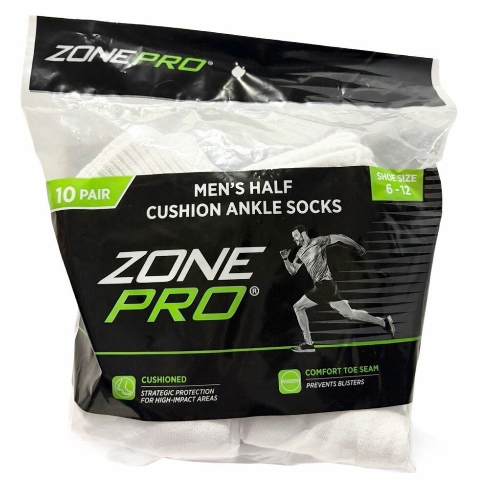 Zone Pro Men’s Half Cushion Ankle Socks White 10 Pair Size 6-12 Athletic NEW